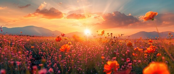 Wall Mural - amazing cosmos flower field landscape at sunset offering a picturesque nature wallpaper background