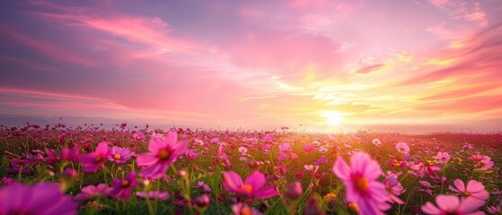 Wall Mural - sunset over a beautiful cosmos flower field landscape perfect for a nature wallpaper background