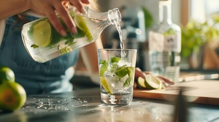 drinks and people concept  close up of woman pouring water from glass bottle to jigger and making lime mojito cocktail at home kitchen : Generative AI