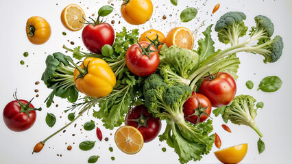 Wall Mural - Close-up, vegetables falling on a white background with splashes of water