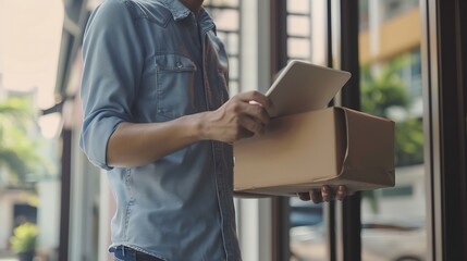 Aufkleber - Young business owner man prepare parcel box and standing check online orders for deliver to customer on tablet laptop Shopping Online concept : Generative AI