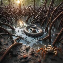 Wall Mural - AI generated illustration of snake coiled in a mangrove swamp with a crab nearby under the sunlight