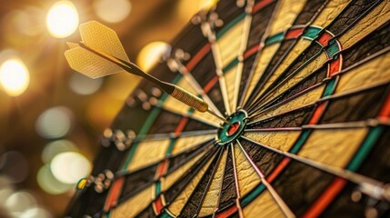 Close-up of a dart perfectly hitting the bullseye on a dartboard, symbolizing precision and success in a glowing background.