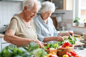 Senior Women Preparing Healthy Salad in Bright Kitchen