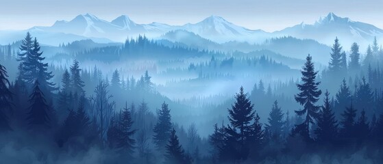 Wall Mural - Evening dense foggy forest with high mountains in distance mysterious atmospheric forest landscape