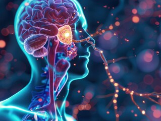 3D illustration of the human brain and nervous system, showcasing neural pathways and connections with a futuristic background.