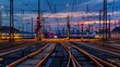 © The Little Hut - Panorama at main station of Hagen in Westphalia Germany at blue hour twilight Railway tracks with switches lamp lights and blurred trains in motion Colorful railway infrastructure and  : Generative AI