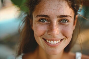 Wall Mural - Portrait of happy authentic young woman without makeup smiling at camera