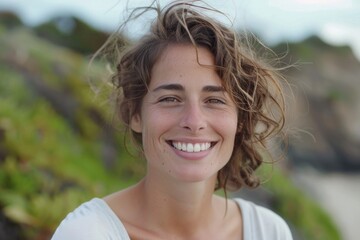 Wall Mural - Portrait of happy authentic young woman without makeup smiling at camera