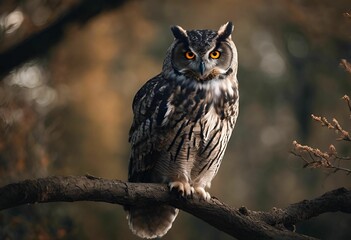 Poster - A majestic owl perched on a tree branch in a forest with a blurred background.