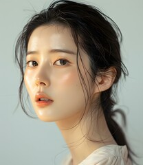 A closeup portrait of a young Asian woman with wet hair