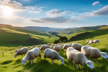 A serene image of sheep grazing on a green pasture, with rolling hills and a blue sky in the background. 