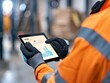 © Tonton54 - Worker using a tablet to analyze data in a warehouse, wearing an orange safety jacket and gloves, focusing on technology and logistics.