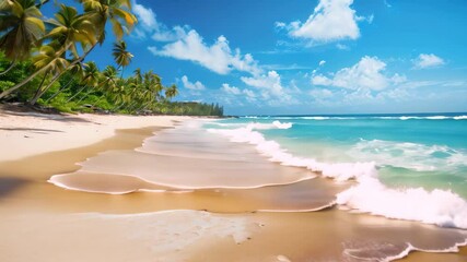 Wall Mural - Beautiful tropical beach with coconut palm trees at Seychelles, Beautiful tropical Barbados island, View of the golden beach with palms and crystal clear water