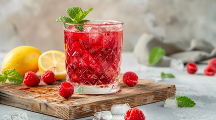 raspberry cocktail with ice in a glass on a wooden cutting board a refreshing berry drink with mint 