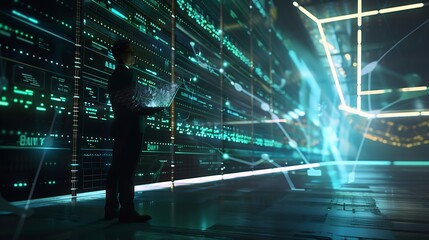 Fototapete - Futuristic Concept Data Center Chief Technology Officer Holding Laptop Standing In Warehouse Information Digitalization Lines Streaming Through Servers SAAS Cloud Computing Web Service : Generative AI