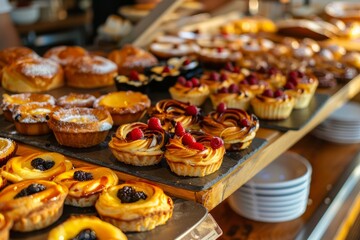 Professional Photography of a pastry shop window. Displaying attractive pastries to passersby, Generative AI