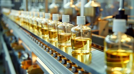 Leinwandbilder - Modern system factory of cosmetic oil and aroma water on conveyor line Automated plant for production of perfume : Generative AI