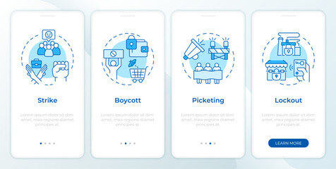 Wall Mural - Workers union strike tactics blue onboarding mobile app screen. Walkthrough 4 steps editable graphic instructions with linear concepts. UI, UX, GUI template. Montserrat SemiBold, Regular fonts used