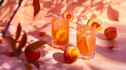 Poster - Two glasses with refreshing iced peach juice or fruit alcohol cocktail drink vase with peaches and apricots on vibrant pink table background with abstract floral sunlight shadows luxur : Generative AI