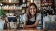 © The Little Hut - Happy woman pos and phone payment at cafe for customer transaction tap or scan at checkout Female person barista or small business owner smile for electronic purchase coffee or service : Generative AI