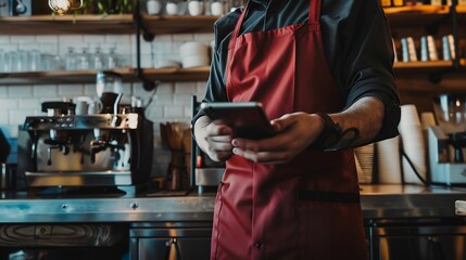 Poster - Barista phone call and tablet for restaurant communication online management or customer service in cafe Small business owner waiter or man on mobile and digital inventory for coffee s : Generative AI