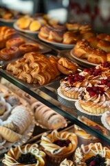 Professional Photography of a pastry shop display. Showcasing a variety of fresh pastries, Generative AI