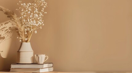 Poster - Elegant interior still life Modern organic geometric shaped vase with dry flowers grass Pile of old books cup of coffee on wooden table Home staging minimal decor concept Blank beige w : Generative AI