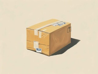 A cardboard box sealed with tape and labeled, casting a shadow on a light background. Concept of delivery, shipment, or package.