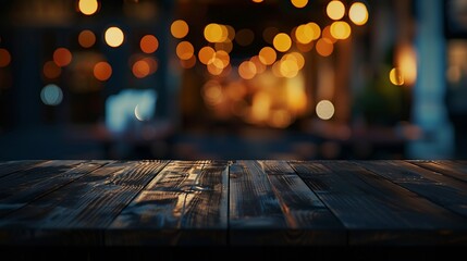 Poster - Empty dark wooden table in front of restaurant abstract blurred bokeh background can be used to demonstrate or mount your products Layout for space : Generative AI