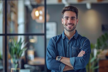 Wall Mural - portrait of young male executive standing with crossed arms dressed in casual clothing