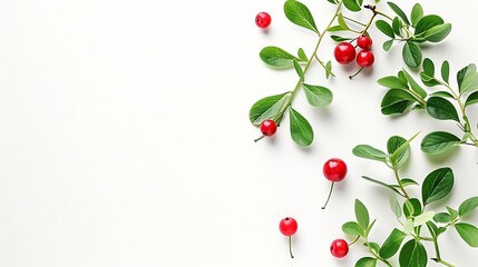 Poster - Wild cowberry foxberry lingonberry with leaves isolated on white background High resolution image : Generative AI