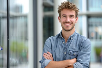 Wall Mural - portrait of young male executive standing with crossed arms dressed in casual clothing