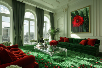 Sticker - Cartoon of a retro living room with a red and green contrasting design