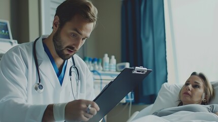 Portrait of handsome male doctor patient in hospital bed behind ER doctor examining senior patient reading her medical test lab results in clipboard : Generative AI