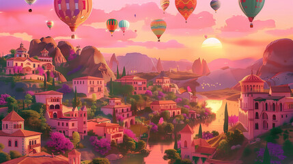 Wall Mural - hot air balloon flying over region country