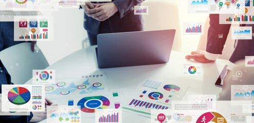 Poster - Meeting business people and business data concept. Digital transformation.