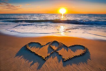 Two hearts drawn in the sand on a beach at sunset.