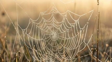 A spider web is covered in dew drops, creating a beautiful and serene scene