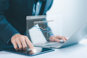 Fototapete - updating and managing milestones on a timeline Gantt chart in technology online, schedule plan management work update and workflow. concept project planner in software, appointment staff of business