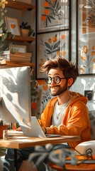 Poster - Illustration of person working on laptop at home