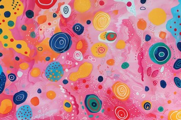 Sticker - Abstract painting featuring circles and dots on a pink surface, A whimsical pink background filled with abstract patterns