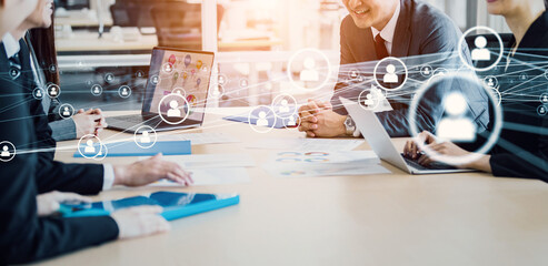Poster - Meeting business people and communication network concept. Smart office. Digital transformation.