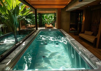 Wall Mural - Indoor swimming pool with tropical garden view