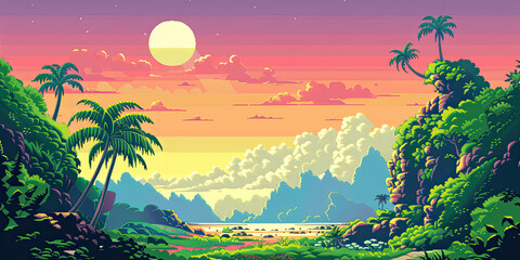 Wall Mural - Vintage retro video game style computer graphics landscape background, 80's gaming backdrop, generated ai