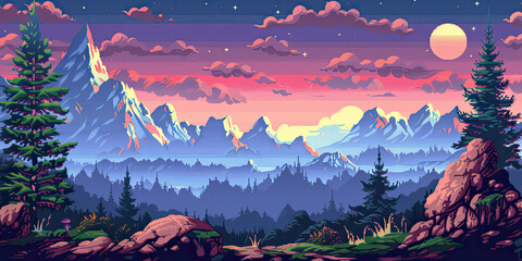 Wall Mural - Vintage retro video game style computer graphics landscape background, 80's gaming backdrop, generated ai