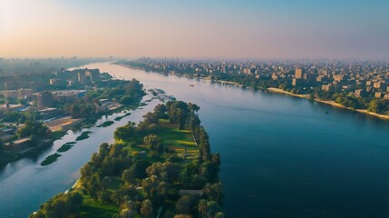 Fototapete - Wonderful aerial view of the Gezira island on the Nile river great sky scenery of Cairo Egypt : Generative AI