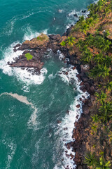 Wall Mural - Aerial top view on tropical beach with green palm trees under sunlight Drone view in Goa