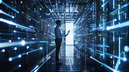 Fototapete - Futuristic Concept Data Center Chief Technology Officer Holding Laptop Standing In Warehouse Information Digitalization Lines Streaming Through Servers SAAS Cloud Computing Online Serv : Generative AI