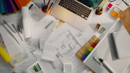 Poster - Architectural materials blueprints laptop tools and color sampler for renovation Flat lay design of creative interior design : Generative AI